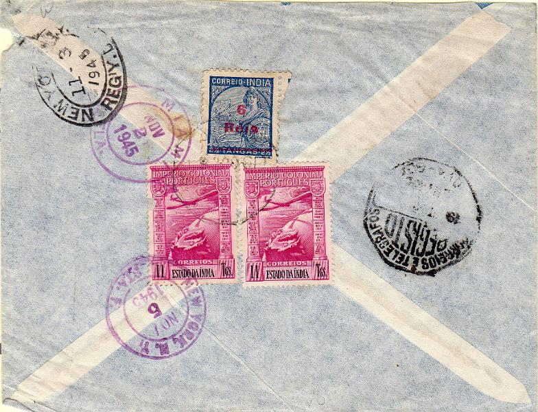 1488 f.jpg -     Lote:    1488 (frente)                   Descrição:         1938/46 &mdash; Império Colonial Português + Padrões com sobretaxa. Sobrescrito circulado registado de Margão (19.10.45) para os EUA (05.11.45) com dois selos de 11Tgs CE CA8 e 6 reis s/ 2 &frac12; Tgs CE373.        Carta       Valor Base:     &euro; 10,00     Valor Venda:     &euro;      